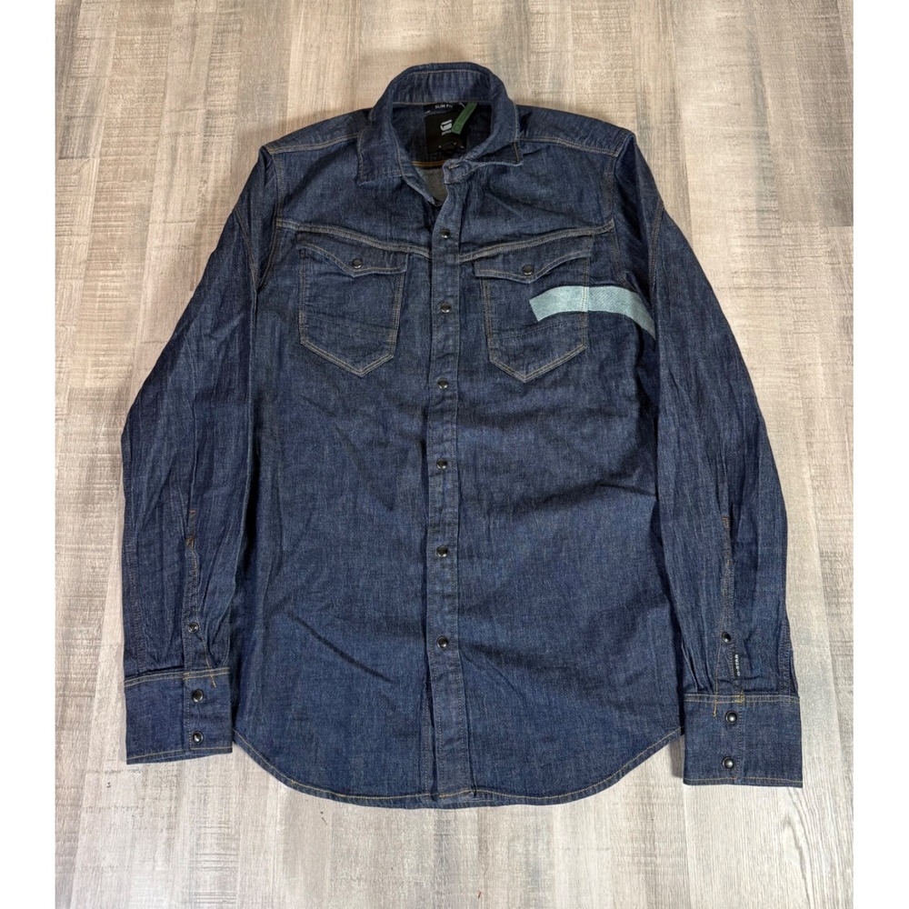 G-Star Raw Mens Slim Fit Denim Arch Shirt Dark Wash Blue Snap Button XL